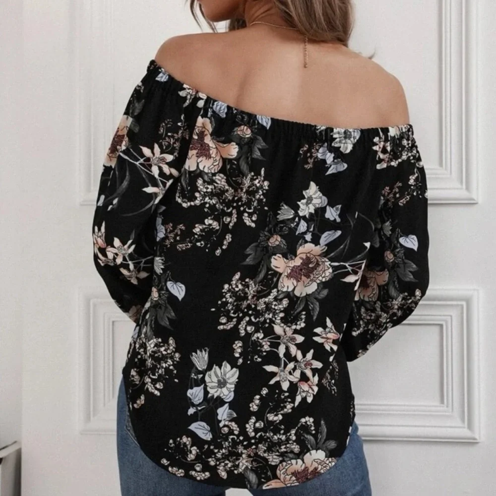 Boho White Floral Print Off-Shoulder Blouse - Picture 5 of 5